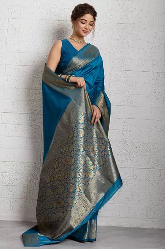 blue golden zari border silk blend saree with blouse