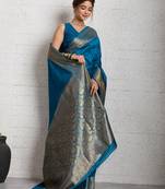 blue golden zari border silk blend saree with blouse