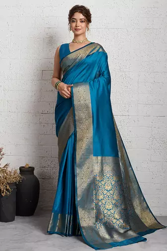 blue golden zari border silk blend saree with blouse