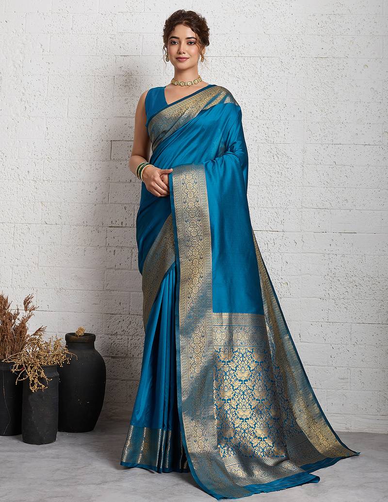 blue golden zari border silk blend saree with blouse