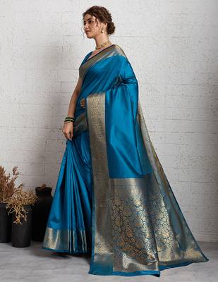 blue golden zari border silk blend saree with blouse 3