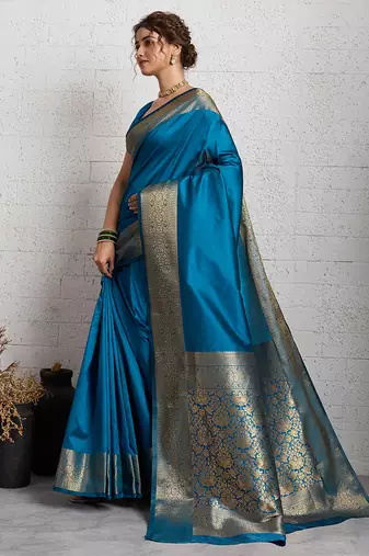 blue golden zari border silk blend saree with blouse