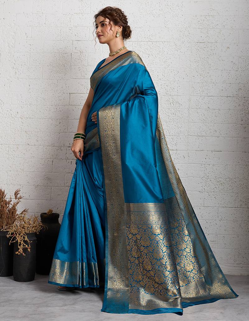 blue golden zari border silk blend saree with blouse