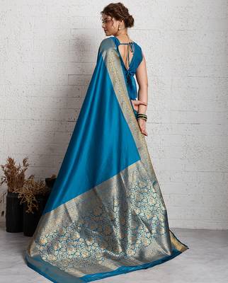 blue golden zari border silk blend saree with blouse 4