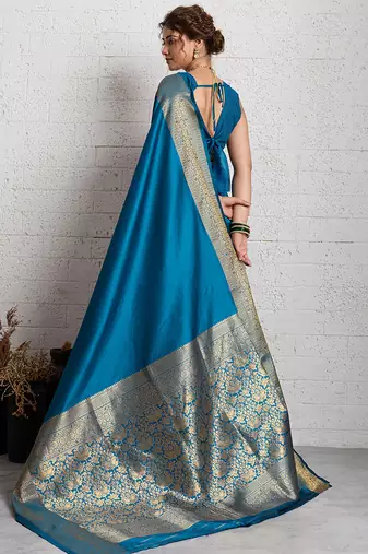 blue golden zari border silk blend saree with blouse