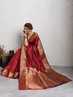red golden zari border silk blend saree with blouse 1