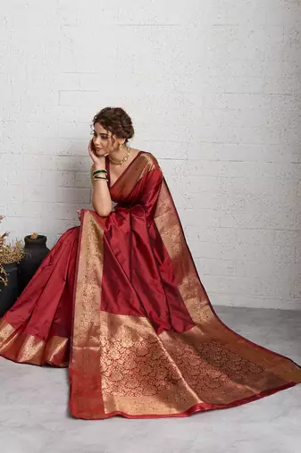 red golden zari border silk blend saree with blouse