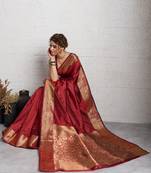 red golden zari border silk blend saree with blouse