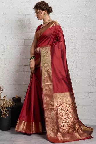 red golden zari border silk blend saree with blouse