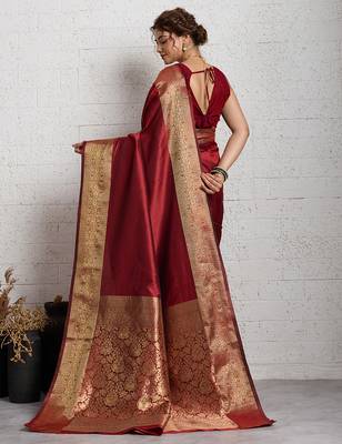 red golden zari border silk blend saree with blouse 4