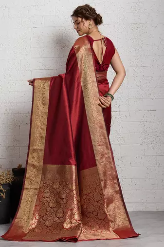 red golden zari border silk blend saree with blouse