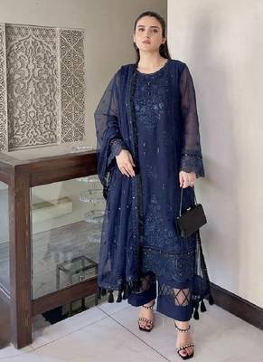 Blue heavy soft organza party wear embroidery suit set 1