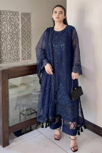 Blue heavy soft organza party wear embroidery suit set