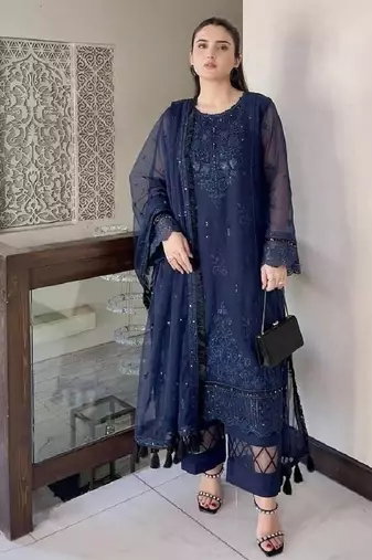 Blue heavy soft organza party wear embroidery suit set