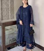 Blue heavy soft organza party wear embroidery suit set