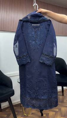 Blue heavy soft organza party wear embroidery suit set 2
