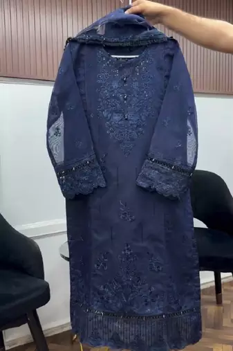 Blue heavy soft organza party wear embroidery suit set