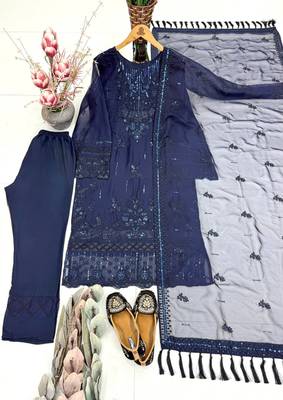 Blue heavy soft organza party wear embroidery suit set 3