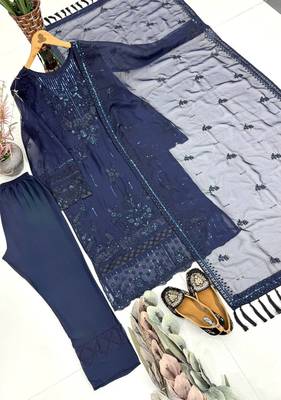 Blue heavy soft organza party wear embroidery suit set 4