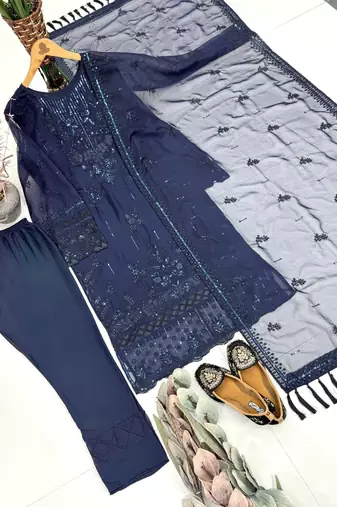 Blue heavy soft organza party wear embroidery suit set