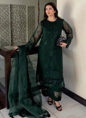 Green heavy soft organza party wear embroidery suit set 1
