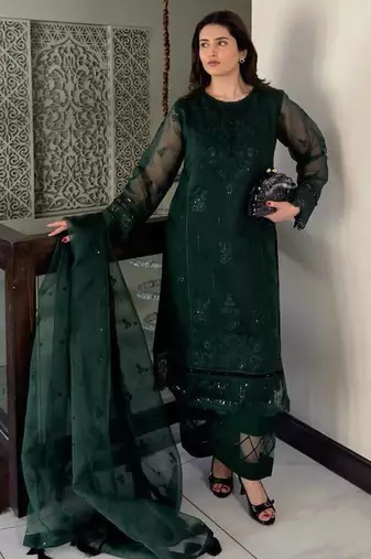 Green heavy soft organza party wear embroidery suit set