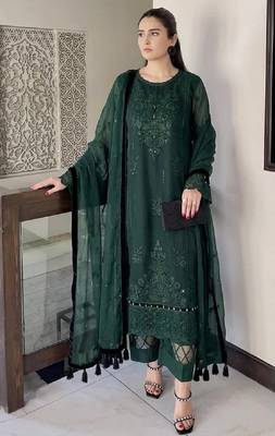 Green heavy soft organza party wear embroidery suit set 2