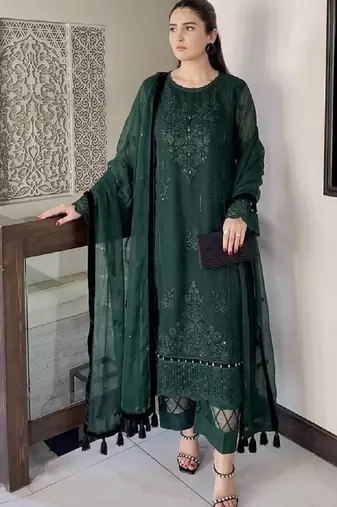 Green heavy soft organza party wear embroidery suit set