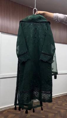 Green heavy soft organza party wear embroidery suit set 3
