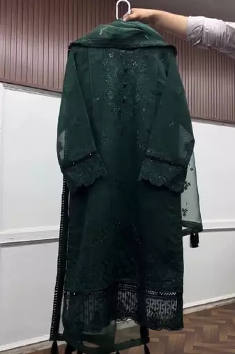 Green heavy soft organza party wear embroidery suit set