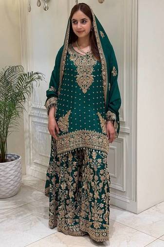 Green heavy faux georgette party wear embroidery suit set