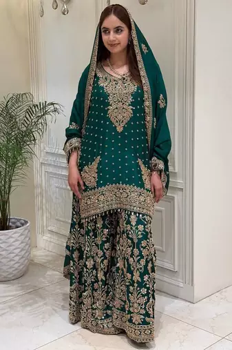 Green heavy faux georgette party wear embroidery suit set