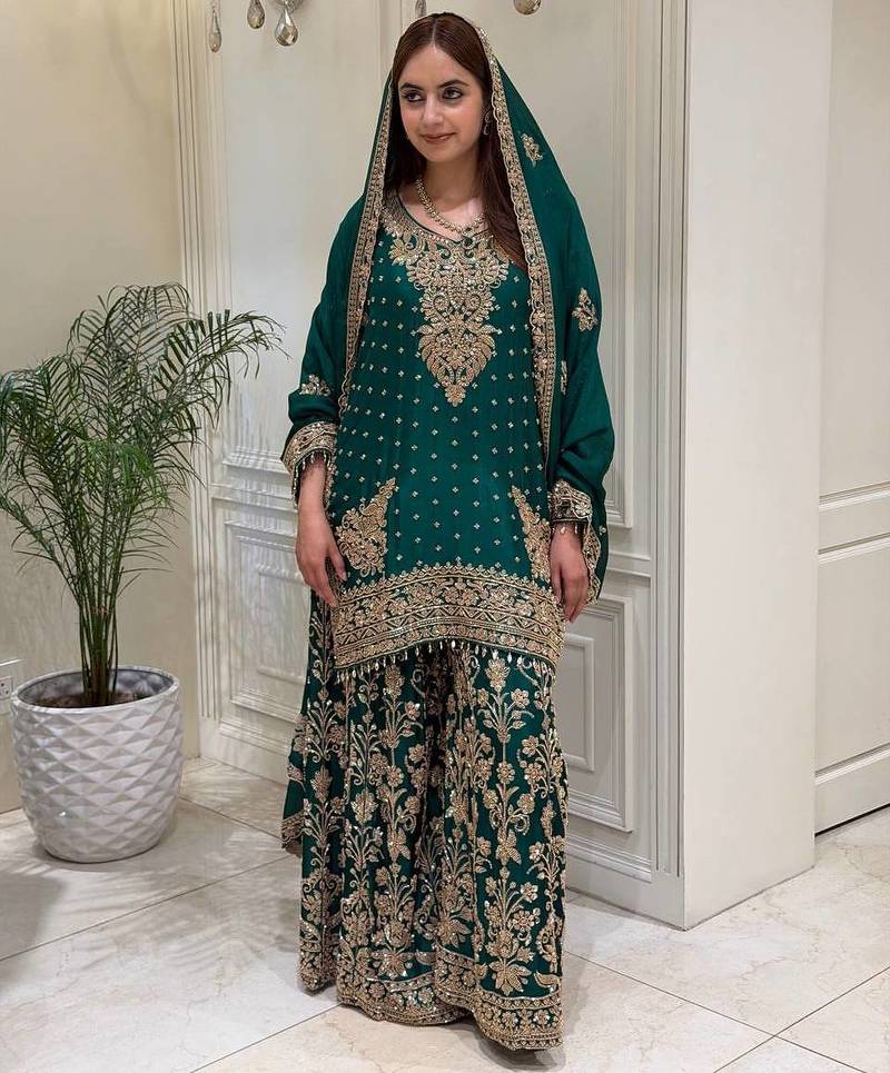 Green heavy faux georgette party wear embroidery suit set