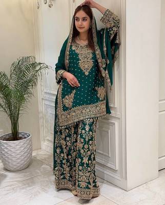Green heavy faux georgette party wear embroidery suit set 2