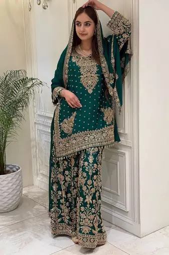 Green heavy faux georgette party wear embroidery suit set