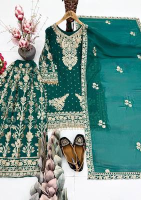 Green heavy faux georgette party wear embroidery suit set 3