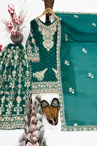 Green heavy faux georgette party wear embroidery suit set