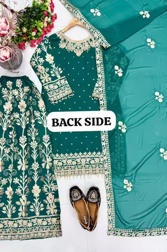 Green heavy faux georgette party wear embroidery suit set