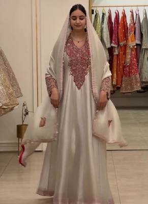 Cream heavy soft organza party wear embroidery suit set 1