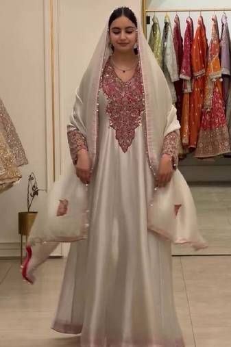 Cream heavy soft organza party wear embroidery suit set