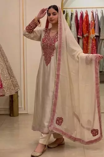 Cream heavy soft organza party wear embroidery suit set