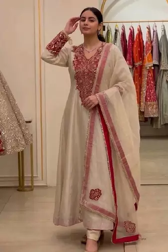 Cream heavy soft organza party wear embroidery suit set