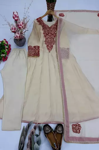 Cream heavy soft organza party wear embroidery suit set
