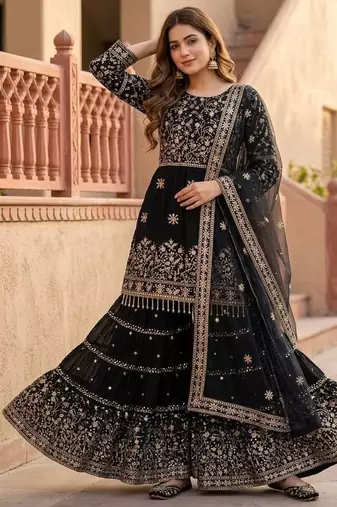 Black heavy faux georgette party wear embroidery sharara suit set