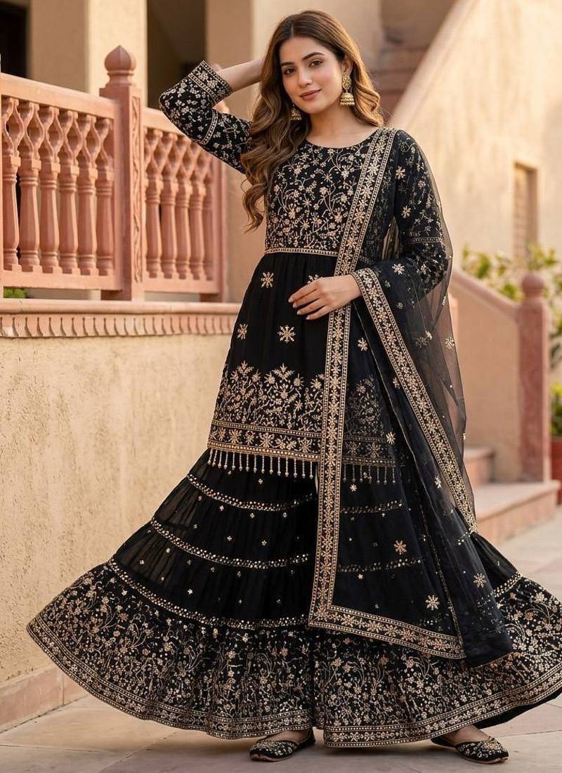 Black heavy faux georgette party wear embroidery sharara suit set