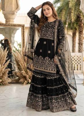 Black heavy faux georgette party wear embroidery sharara suit set 2