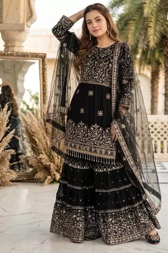 Black heavy faux georgette party wear embroidery sharara suit set