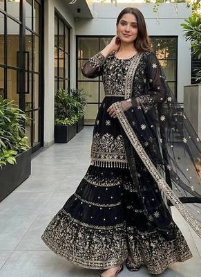 Black heavy faux georgette party wear embroidery sharara suit set 3