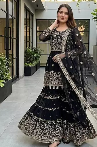Black heavy faux georgette party wear embroidery sharara suit set