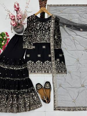 Black heavy faux georgette party wear embroidery sharara suit set 4